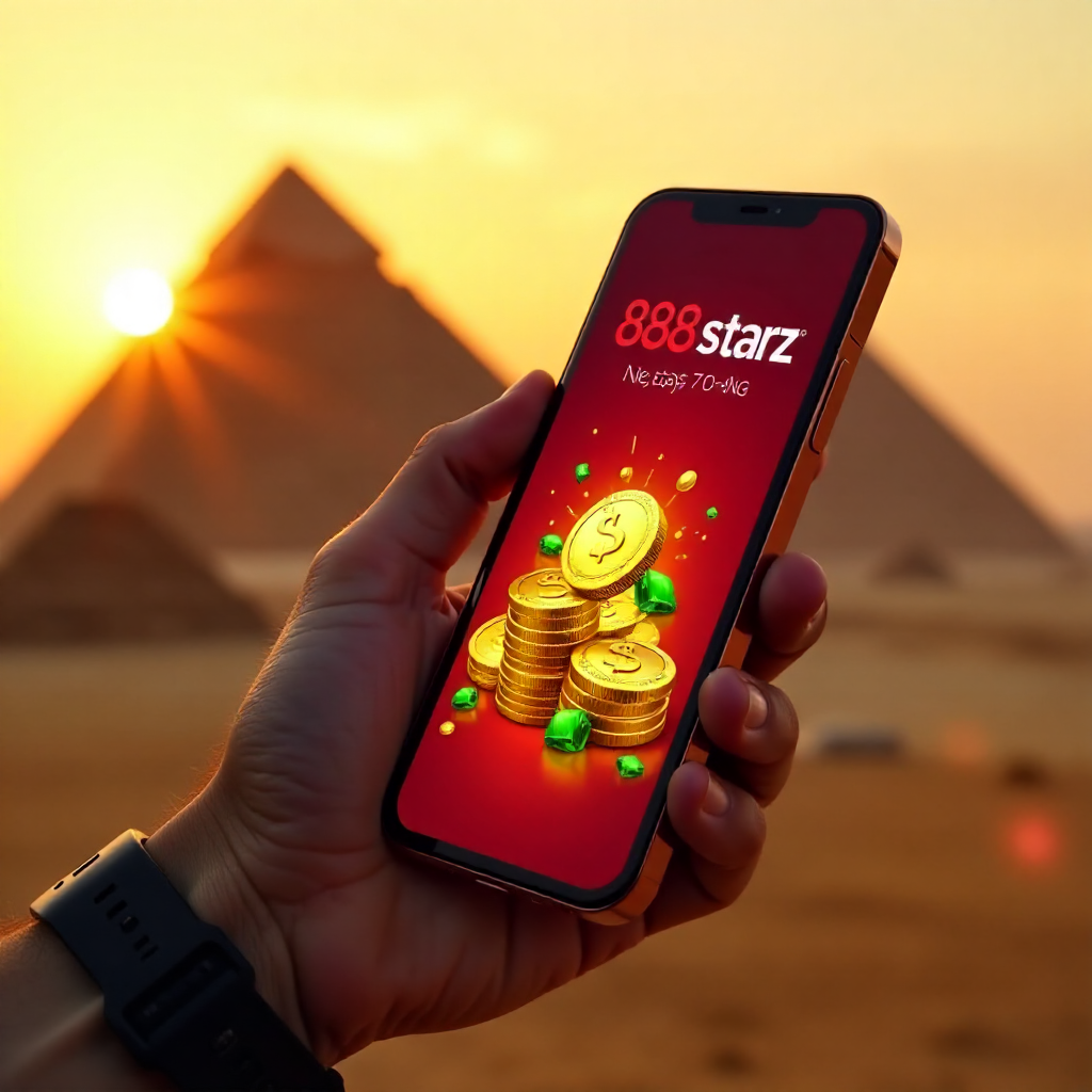 A hand holding a high-end smartphone displaying 888starz app, background featuring the Great Pyramids of Giza during a golden sunset, official red and white brand colors, 3D golden coins and emerald gems flying out of the screen, cinematic lighting, 8k.